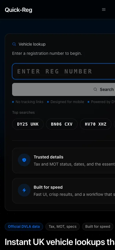 Quick-Reg mobile view